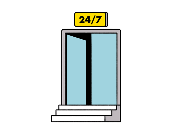 Illustration of an entrance door with with a sign saying 24/7 above it, to indicate that the campus is always open