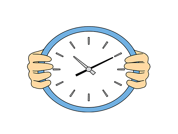Illustration of hands holding a clock, stretching it to indicate a flexible timeframe