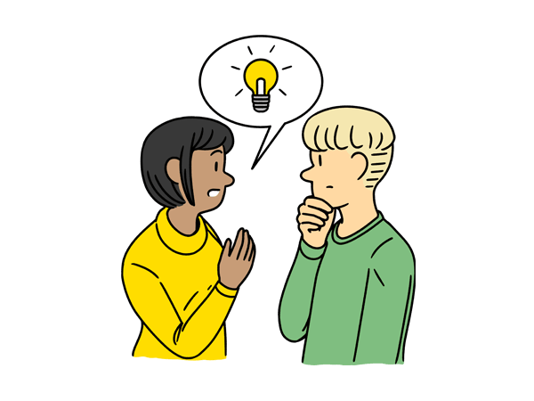 Illustration of two people discussing and a thought bubble with a light bulb in it, indicating peer-to-peer learning