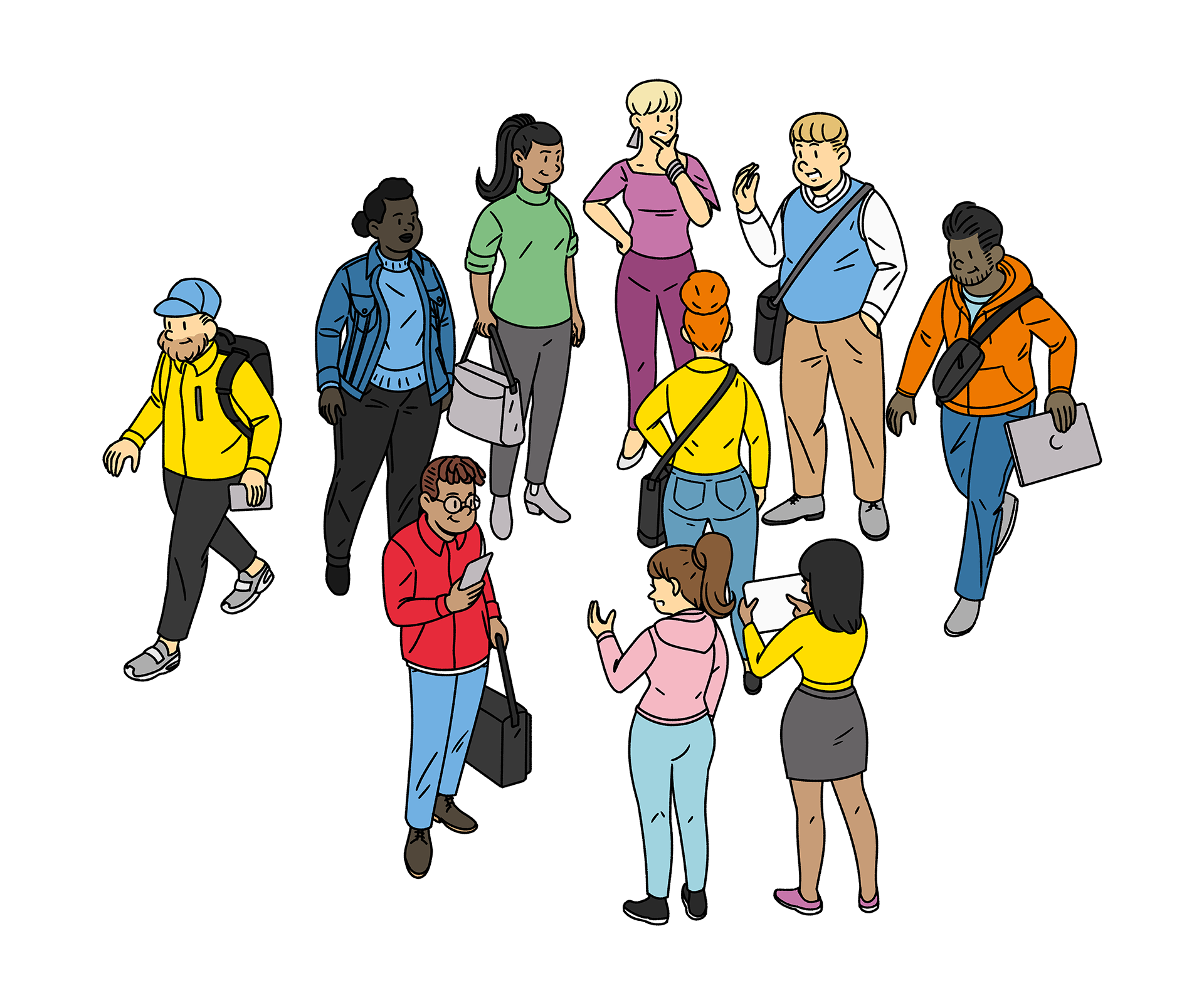 An illustration depicting a diverse group of ten individuals in various poses and attire, suggesting an open and interactive community. Some are walking, others are conversing, and one person is holding a tablet. The group includes people with different hairstyles and clothing styles, creating a sense of dynamic interaction.