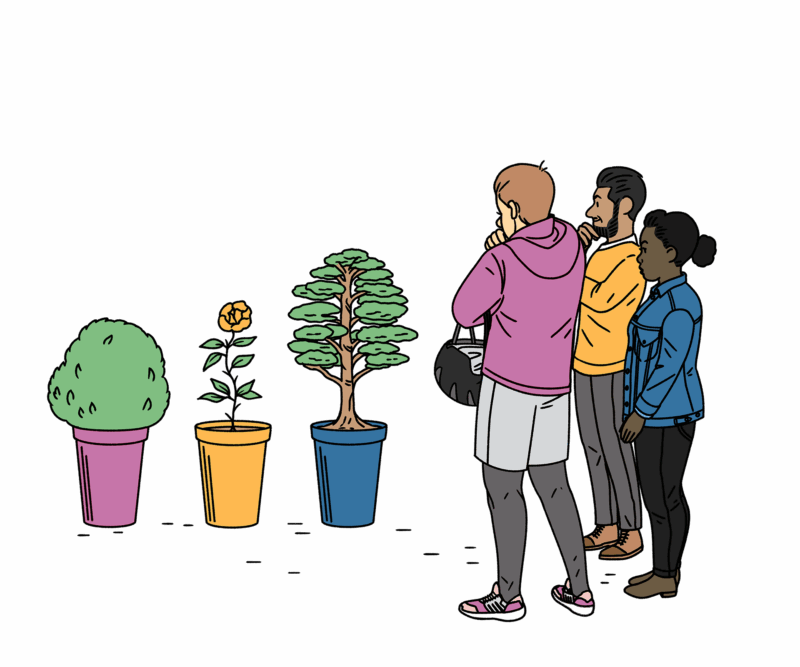 An illustration depicting three potted plants of different shapes and sizes on the left, symbolizing individualized growth or learning paths. On the right, three people are looking at the plants, as if contemplating choices or development. One person wears a pink hoodie and shorts, another an orange long-sleeved shirt, and the third a blue denim jacket.