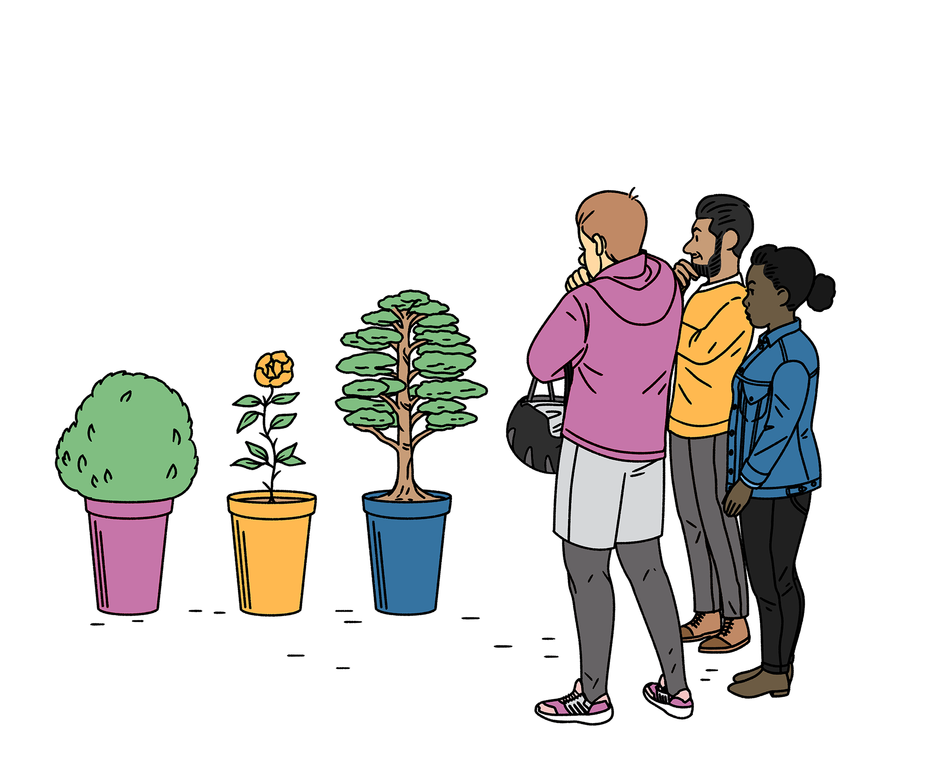 An illustration depicting three potted plants of different shapes and sizes on the left, symbolizing individualized growth or learning paths. On the right, three people are looking at the plants, as if contemplating choices or development. One person wears a pink hoodie and shorts, another an orange long-sleeved shirt, and the third a blue denim jacket.