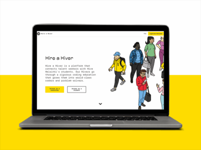 A screenshot of the "Hire a Hiver" platform displayed on a laptop, showing its interface for connecting talent seekers with Hive Helsinki's world-class coders and problem-solvers. The platform emphasizes rigorous coding education and pathways into the job market, highlighting career opportunities for Hive Helsinki students in Finland.