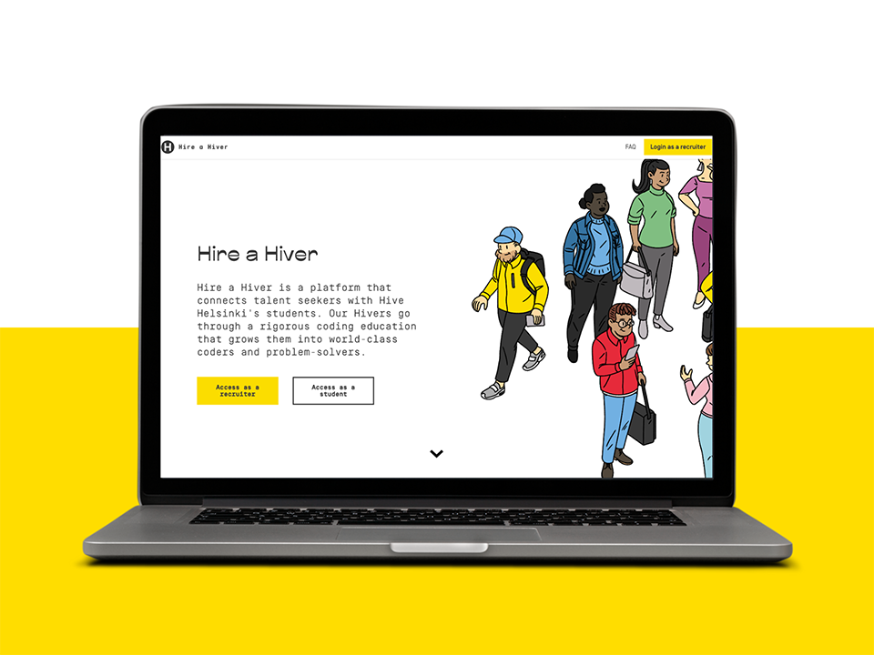 A screenshot of the "Hire a Hiver" platform displayed on a laptop, showing its interface for connecting talent seekers with Hive Helsinki's world-class coders and problem-solvers. The platform emphasizes rigorous coding education and pathways into the job market, highlighting career opportunities for Hive Helsinki students in Finland.