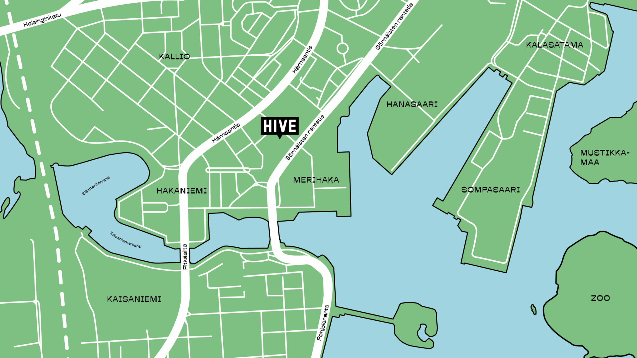Illustrated map showing the location of Hive Helsinki