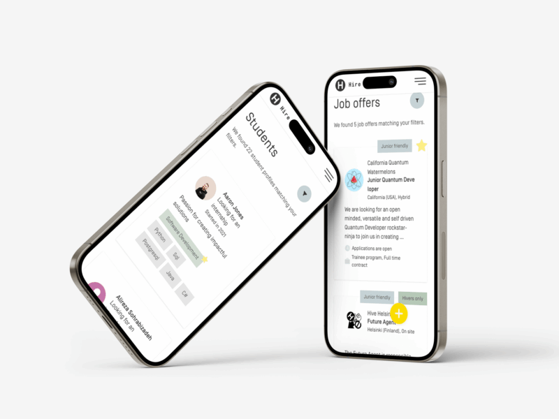 A mock-up displaying two smartphone screens from a "Hire a Hiver" job platform. The left screen shows student profiles with skills like Python and Java, while the right screen lists job offers, including positions like "Junior Quantum Developer" and "Future Agent" at Hive Helsinki. This illustrates how Hive Helsinki connects its coding talent with career opportunities in the tech industry.