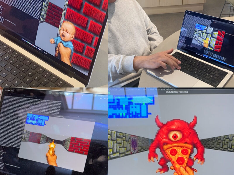 A collage of four close-up images, showcasing game development on laptops. The screens display various stages of a retro-style 3D game, reminiscent of early first-person shooters. Elements include code, blocky brick textures, a baby character, a hand holding a weapon, and a red, one-eyed monster with horns and a pizza slice. One image shows hands typing on a laptop, emphasizing the coding process.