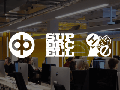 A composite image featuring the logos of OP Financial Group, Supercell, and Hive overlaid on a blurred background of an open-plan office space with people working on computers. This image signifies a partnership or collaboration between these entities.