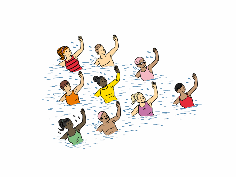 An illustration showing a group of nine people in a body of water, each with one arm raised as if waving or swimming. They are wearing various swimsuits and swim caps.