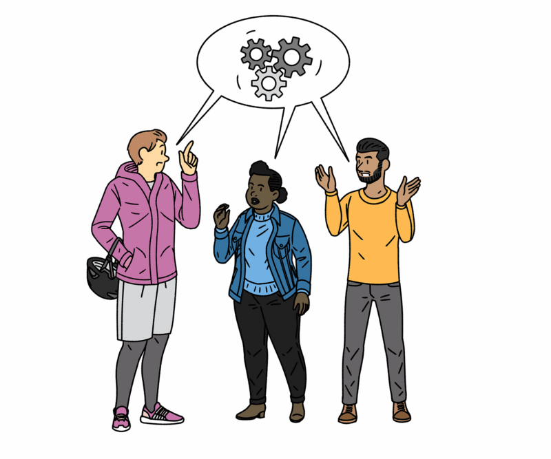 An illustration of three individuals engaged in an active discussion. A thought bubble above their heads contains three interlocking gears, symbolizing collaborative problem-solving or shared ideas. The person on the left is pointing upwards, the person in the middle is speaking, and the person on the right is gesturing with both hands.
