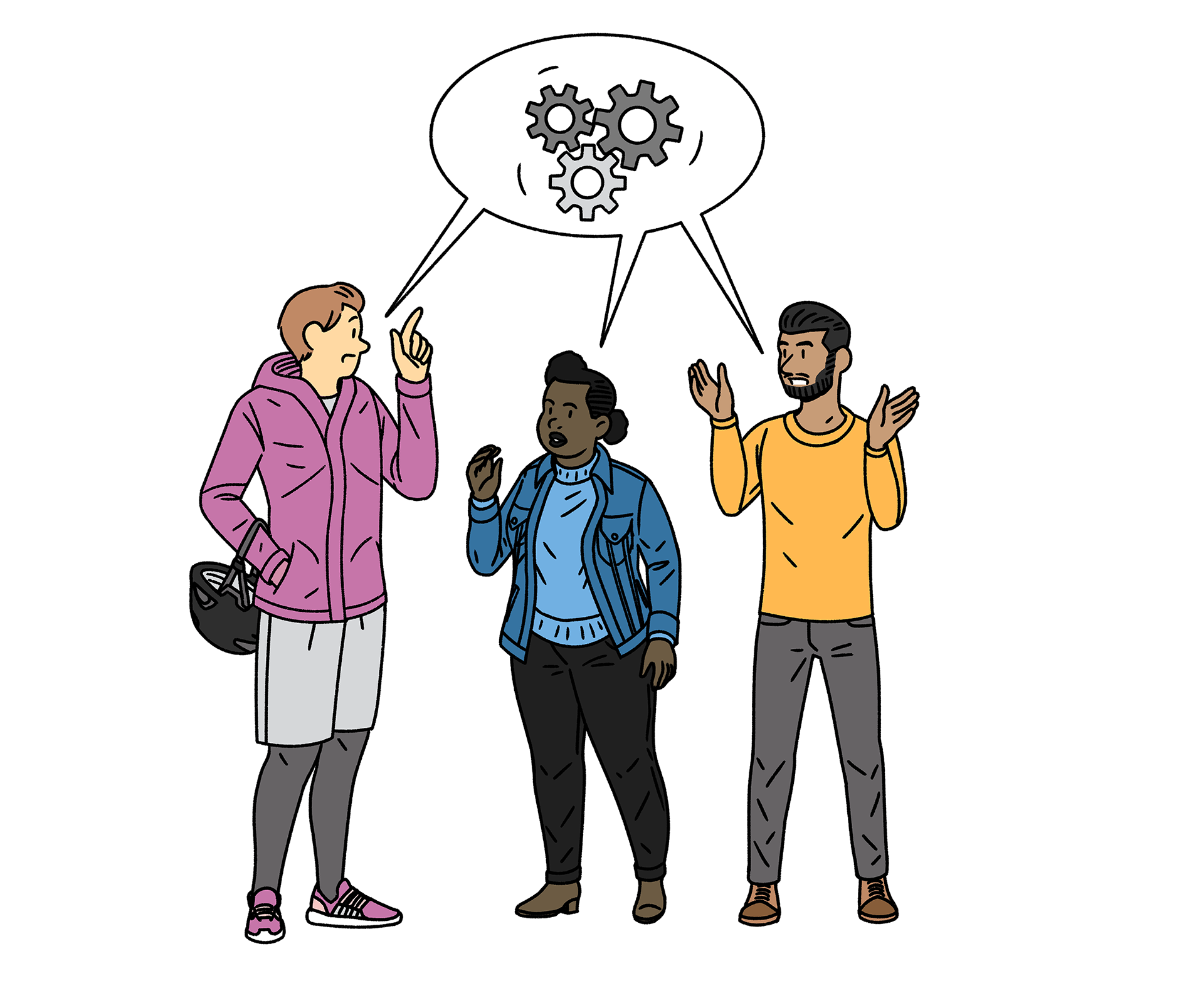 An illustration of three individuals engaged in an active discussion. A thought bubble above their heads contains three interlocking gears, symbolizing collaborative problem-solving or shared ideas. The person on the left is pointing upwards, the person in the middle is speaking, and the person on the right is gesturing with both hands.