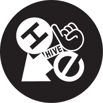 Round black color sticker featuring the Hive logo