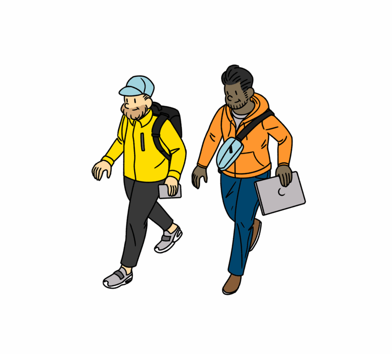 An illustration of two individuals walking. The person on the left wears a yellow jacket, a light blue cap, and a backpack, holding a smartphone. The person on the right wears an orange hoodie, blue pants, a light blue sling bag, and carries a laptop.
