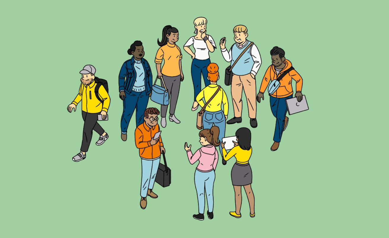 Illustration of Hive Helsinki students talking together about how to apply to the coding school.