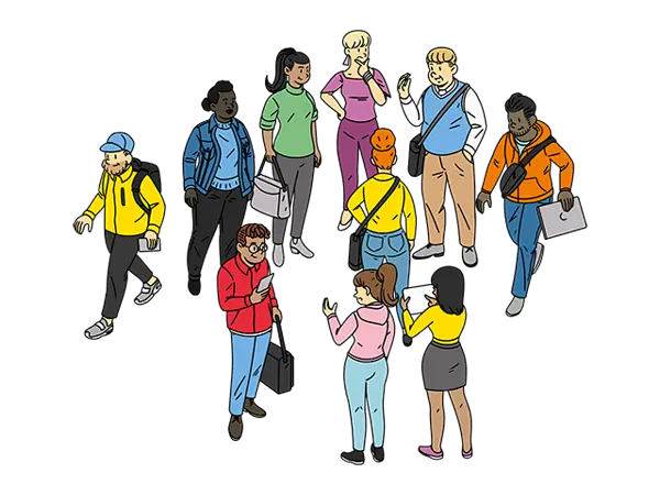 An illustration depicting a diverse group of ten individuals in various poses and attire, suggesting an open and interactive community. Some are walking, others are conversing, and one person is holding a tablet. The group includes people with different hairstyles and clothing styles, creating a sense of dynamic interaction.