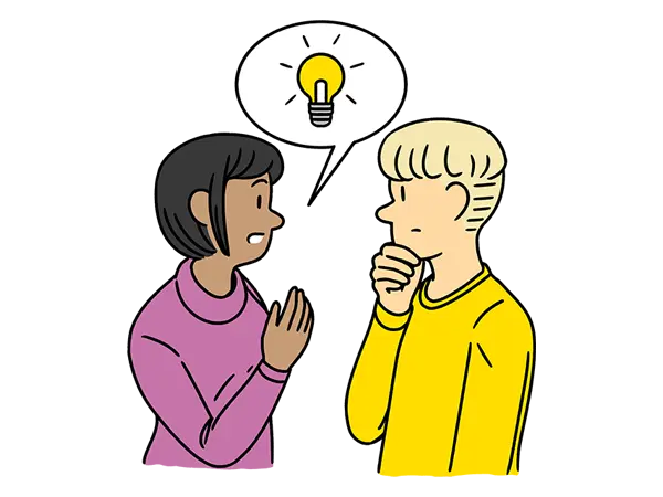 Illustration of two people discussing and a thought bubble with a light bulb in it, indicating peer-to-peer learning