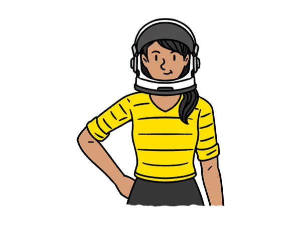 Cartoon of a smiling female astronaut wearing a space helmet with a headset, a yellow short-sleeve shirt with horizontal stripes and a dark skirt, standing with one hand on her hip.