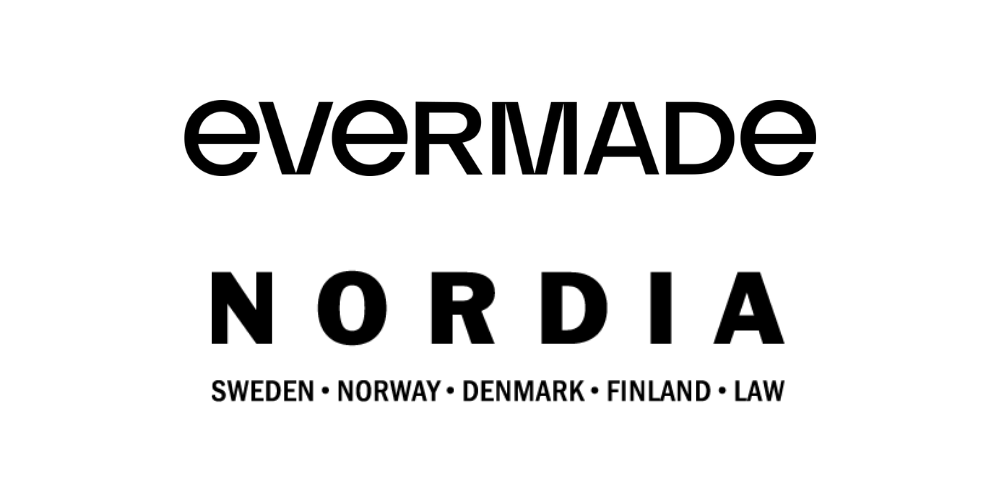 Two company logos in white on a solid black background: "Evermade" and "Nordia" displayed side by side.
