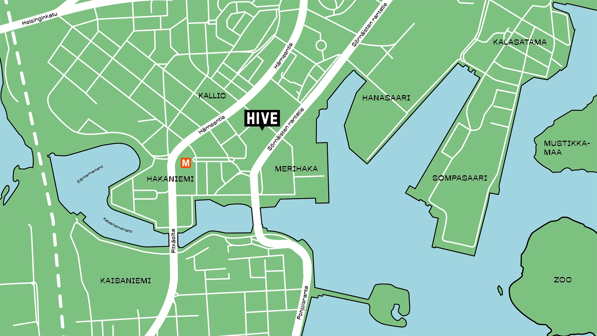 Stylized map of central Helsinki in green (land) and blue (water) with white roads and bridges, showing the HIVE location marked near Haapaniemenkatu, a nearby metro station shown with an M icon, and surrounding neighborhoods and islands labeled.